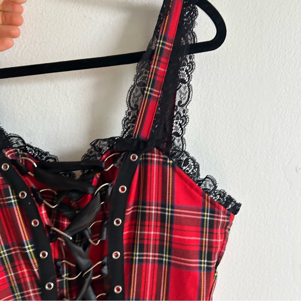 Hearts And Roses Sz 10 Harley Tartan Plaid Lace Emo Goth Mini Dress - Picture 9 of 12